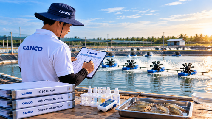 Kỹ thuật viên CANCO ghi chép dữ liệu và theo dõi ao nuôi tôm