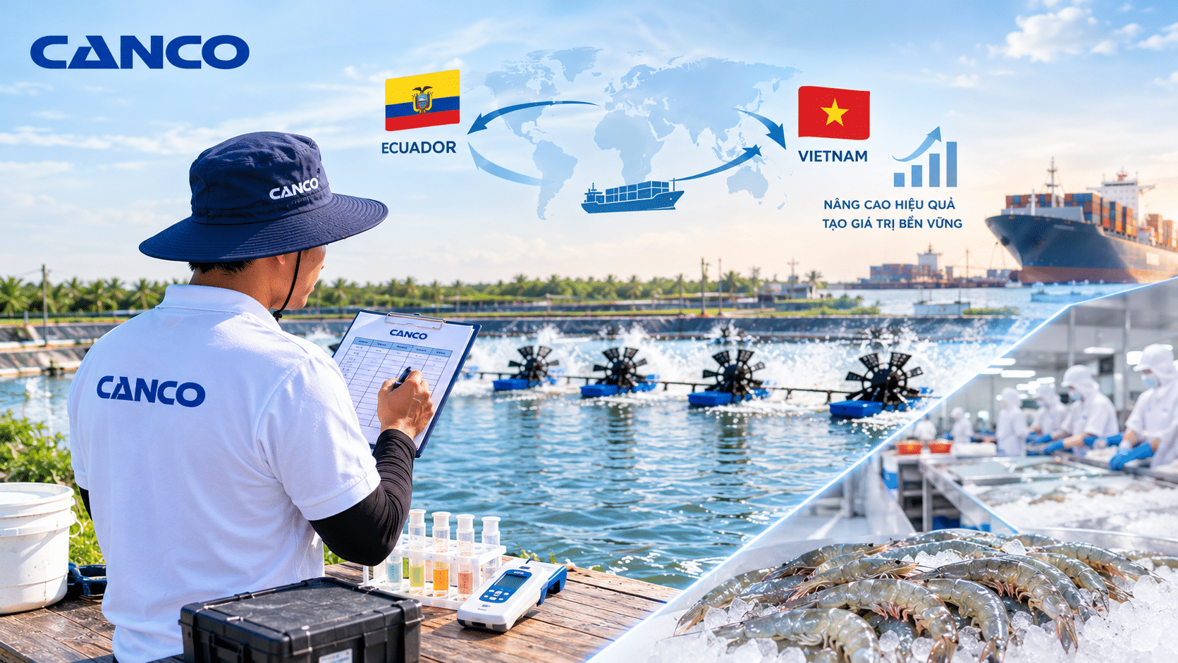 Kỹ thuật viên CANCO theo dõi dữ liệu môi trường ao nuôi tôm nhằm nâng cao hiệu quả và kiểm soát rủi ro