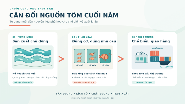 Cân đối nguồn tôm nguyên liệu cuối năm từ vùng nuôi đến phân loại, chế biến và xuất khẩu